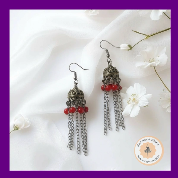 ReTrends Small Silver Jhumka - Red - Red