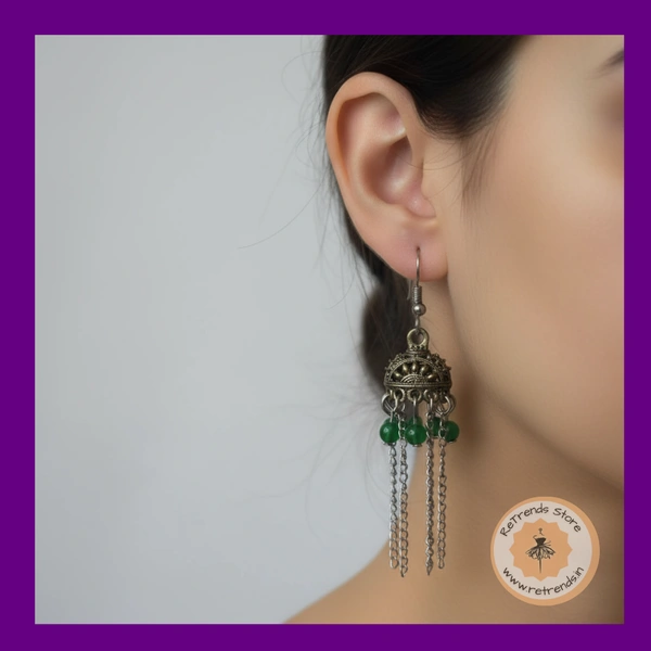 ReTrends Small Silver Jhumka - Green - Green