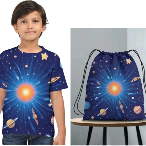 ROSEVERA AOP T-Shirt + Drawstring Bag - 13-14, Navy Blue