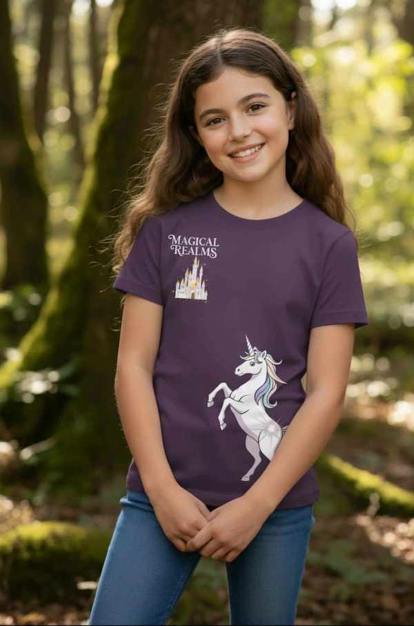 ROSEVERA Classic Crew T-Shirt – Unicorn Theme - 7-8, Purple
