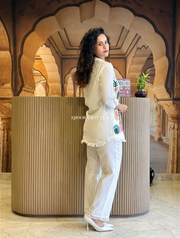 Premium Cotton Flax Co-ord Set – Fully Embroidered - M, White