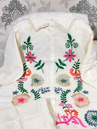 Premium Cotton Flax Co-ord Set – Fully Embroidered - M, White