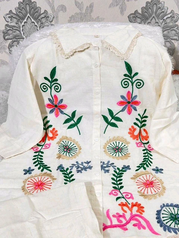 Premium Cotton Flax Co-ord Set – Fully Embroidered - M, White