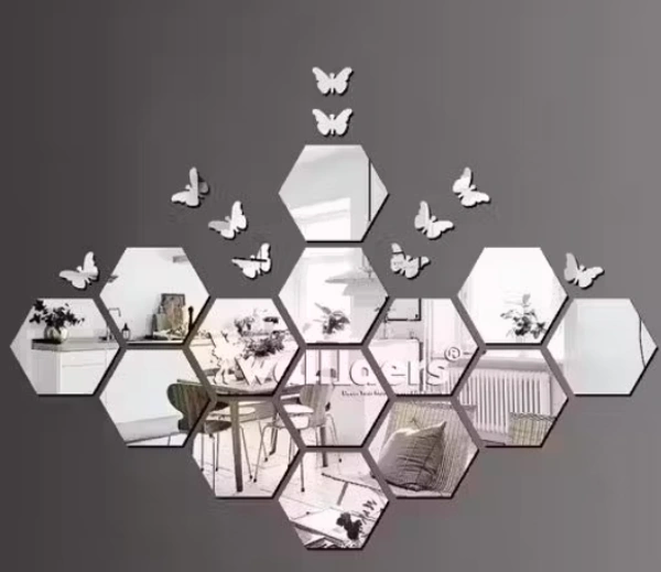 Wall Sticker's Hexagon 14 Silver (12 cm x 10 cm Each Piece ), Mirror Stickers for Wall, Acrylic Mirror Wall Decor Sticker, Wall Mirror Stickers, Acrylic Stickers, Wall Stickers for Hall Room, Bed Room, Kitchen