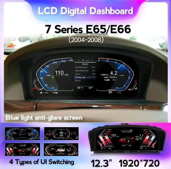 Perfect Infotainment BMW 7 Series E65 E66 (2004-2008) 12.3 Inch LCD Digital Instrument Cluster Dashboard Upgrade Linux System 1920x720 Blue Light Anti-Glare Screen Virtual Cockpit Speedometer