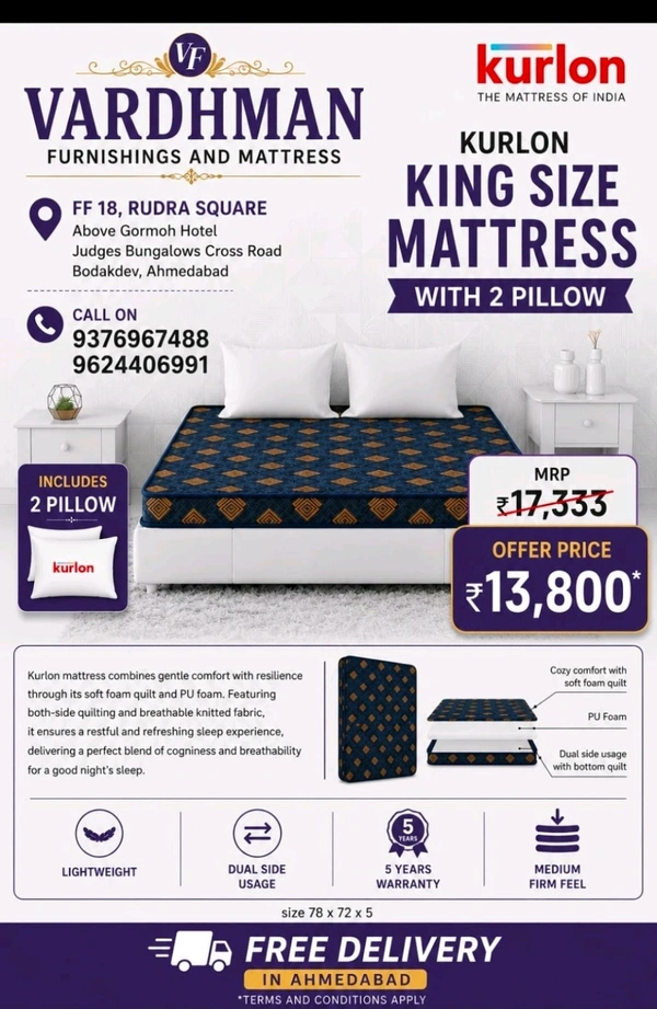Kurlon King Size Foam Mattress 5 Years Warranty With 2 Pillow And Free Delivery In Ahmedabad - 78 x 72 x 6