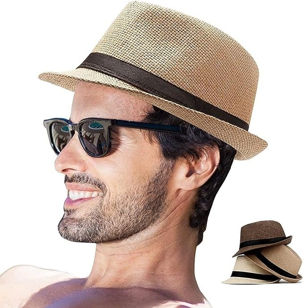 Unisex Summer Straw Fedora Hat – Lightweight Breathable Sun Hat with Stylish Band for Men & Women - 57-58, Light Beige