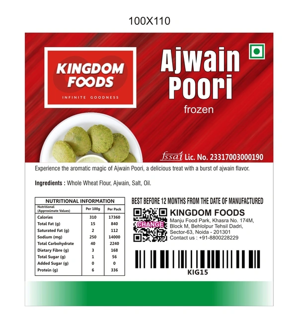 Kingodm Foods Ajwain Poori (Frozen) (28 Gram/Pc) – 10 Pieces/ 1Pack