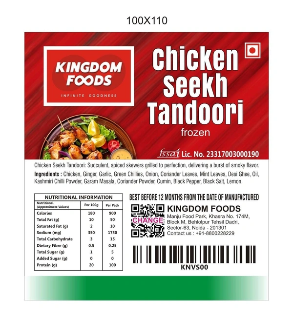 Kingodm Foods Chicken Seekh Tandoori (Frozen) (90 Gm/Pc) – 1 Kg