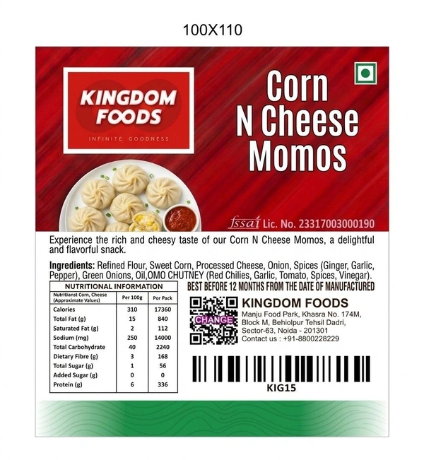 Kingodm Foods Corn N Cheese Momos (Frozen) (25 Gm/Pc) – 40 Pcs