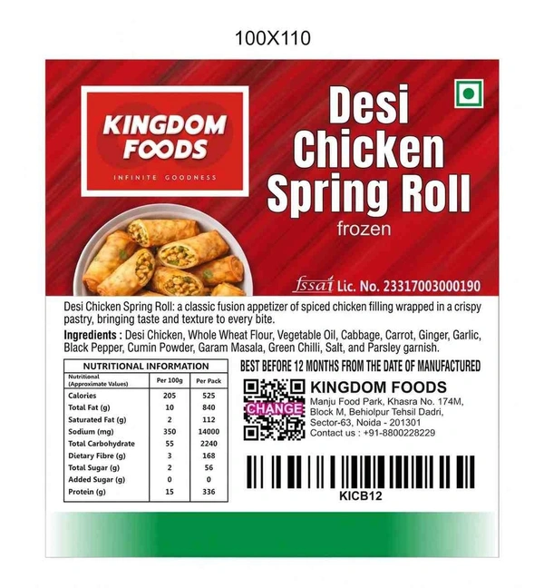Kingodm Foods Desi Chicken Spring Rolls (Frozen) (100 Gram/Pc) – 10 Pieces/ Pack