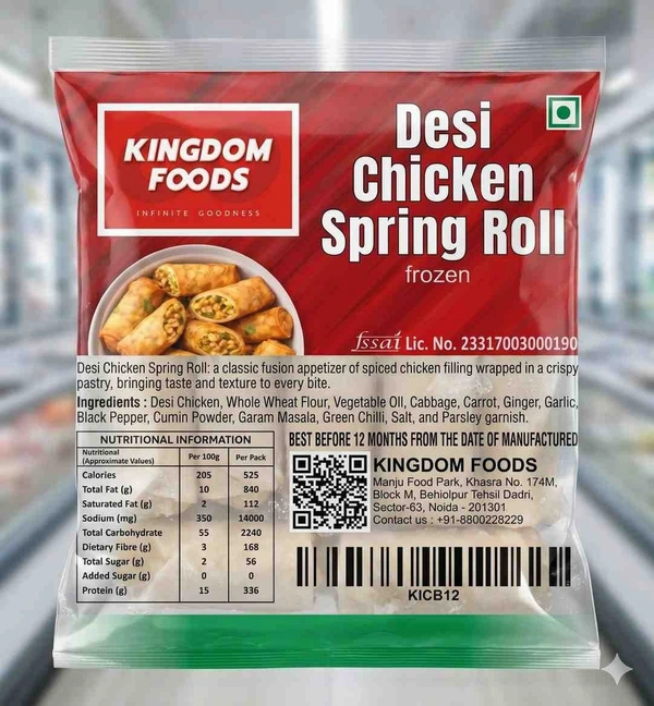 Kingodm Foods Desi Chicken Spring Rolls (Frozen) (100 Gram/Pc) – 10 Pieces/ Pack