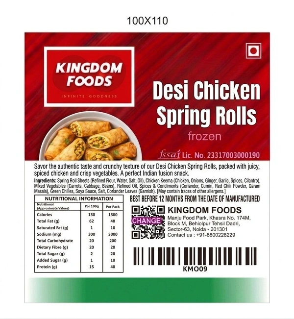 Kingodm Foods Desi Chicken Spring Rolls (Frozen) (100 Gm/Pc) – Pack of 10 Pieces, 1 Kg
