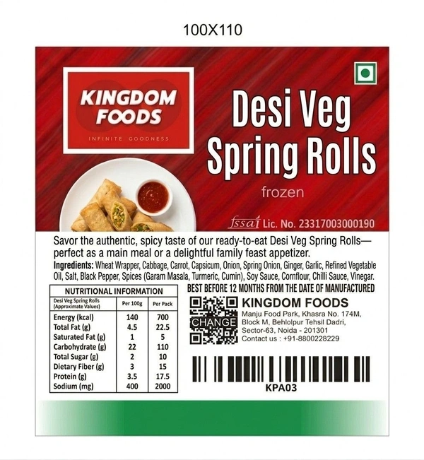 Kingodm Foods Desi Veg Spring Rolls (Frozen) (100 Gm/Pc) – Pack of 10 Pieces, 1 Kg