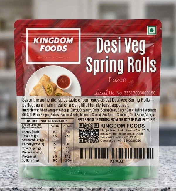 Kingodm Foods Desi Veg Spring Rolls (Frozen) (100 Gm/Pc) – Pack of 10 Pieces, 1 Kg