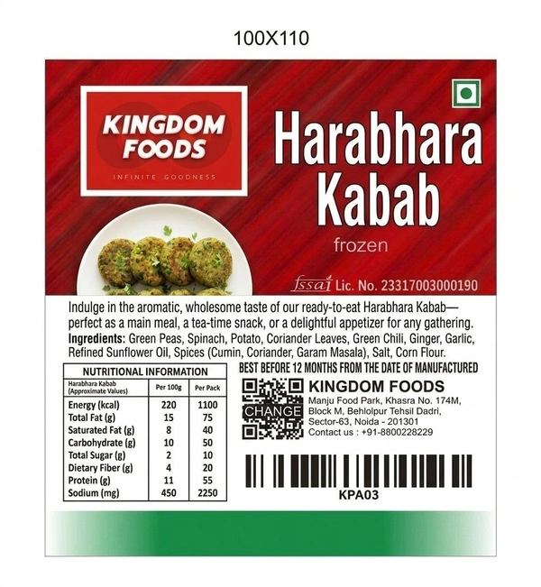 Kingodm Foods Harabhara Kabab (Frozen) (40 Gram/Pc) – 1Kg/ Pack