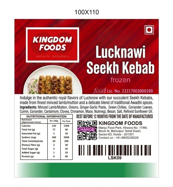 Kingodm Foods Lucknawi Seekh Kebab (Frozen) (90 Gm/Pc) – 1 Kg