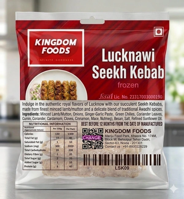 Kingodm Foods Lucknawi Seekh Kebab (Frozen) (90 Gm/Pc) – 1 Kg