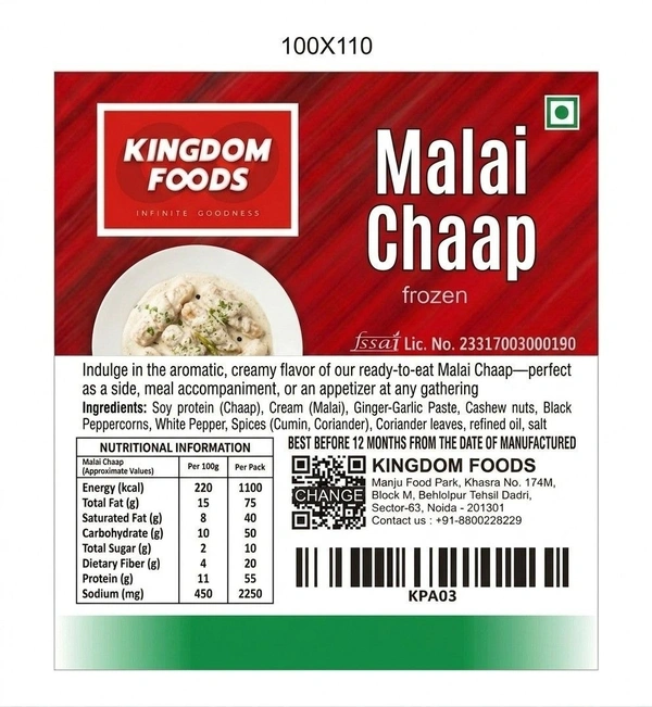 Kingodm Foods Malai Chaap (Frozen) (65 Gm/Pc) – 1 Kg
