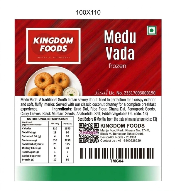 Kingodm Foods Medu Vada (Frozen) (40 Gm/Pc) – 25 Pcs