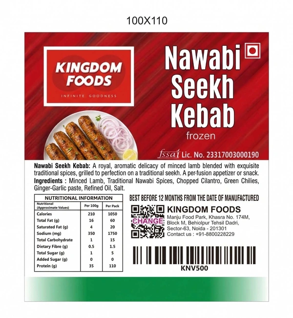 Kingodm Foods Nawabi Seekh Kebab (Frozen) (90 Gm/Pc) – 1 Kg