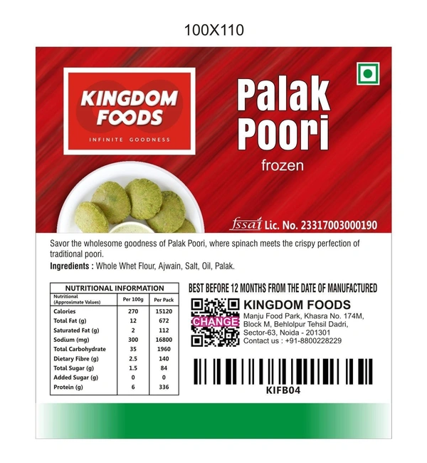 Kingodm Foods Palak Poori (Frozen) (28 Gram/Pc) – 10 Pieces/ 1Pack