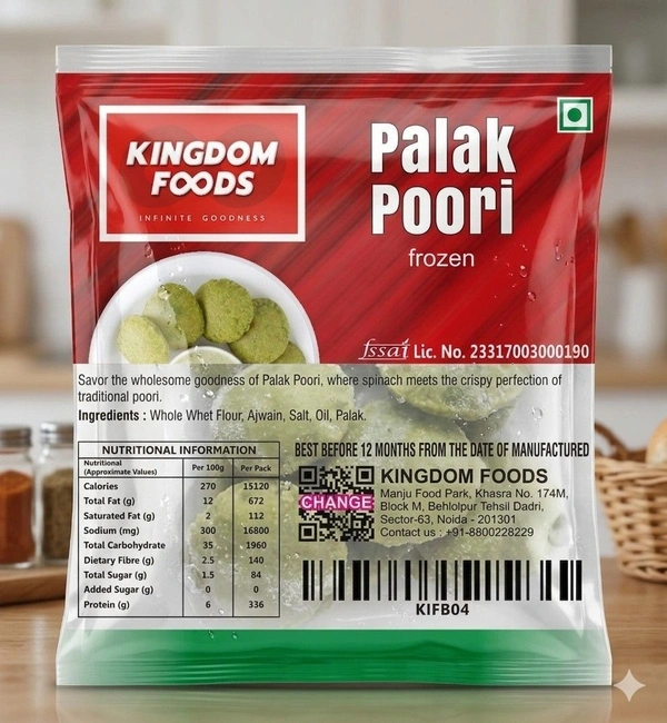Kingodm Foods Palak Poori (Frozen) (28 Gram/Pc) – 10 Pieces/ 1Pack