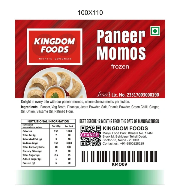 Kingodm Foods Paneer Momos (Frozen) (30 Gm/Pc) – Handcrafted, 33 Pcs