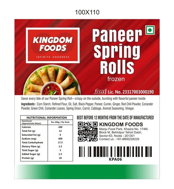 Kingodm Foods Desi Paneer Spring Rolls (Frozen) (100 Gm/Pc) – Pack of 10 Pieces, 1 Kg
