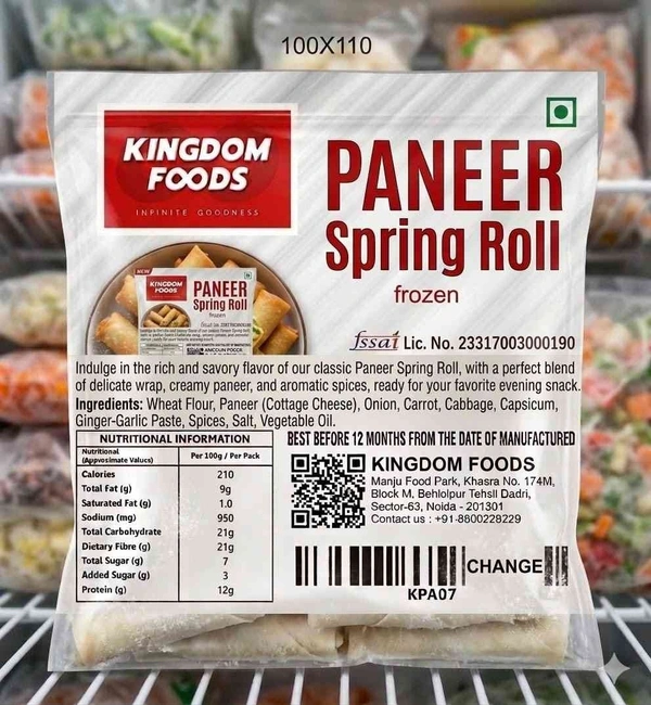 Kingodm Foods Desi Paneer Spring Rolls (Frozen) (100 Gm/Pc) – Pack of 10 Pieces, 1 Kg