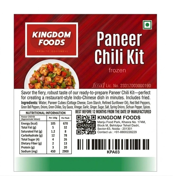 Kingodm Foods Paneer Chili Kit (Frozen) (330 Gm) – Pack of 3 Pieces, 1 Kg