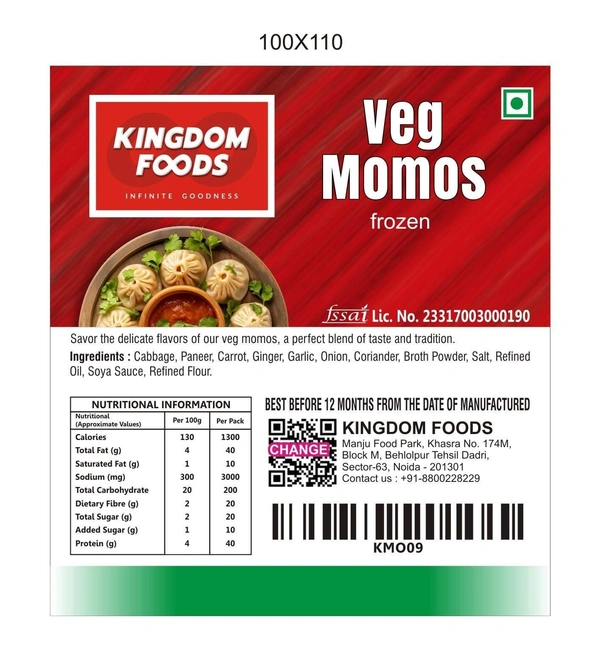 Kingodm Foods Veg Momos (Frozen) (30 Gm/Pc) – Handcrafted, 33 Pcs