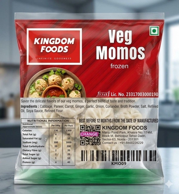 Kingodm Foods Veg Momos (Frozen) (25 Gm/Pc) – 40 Pcs