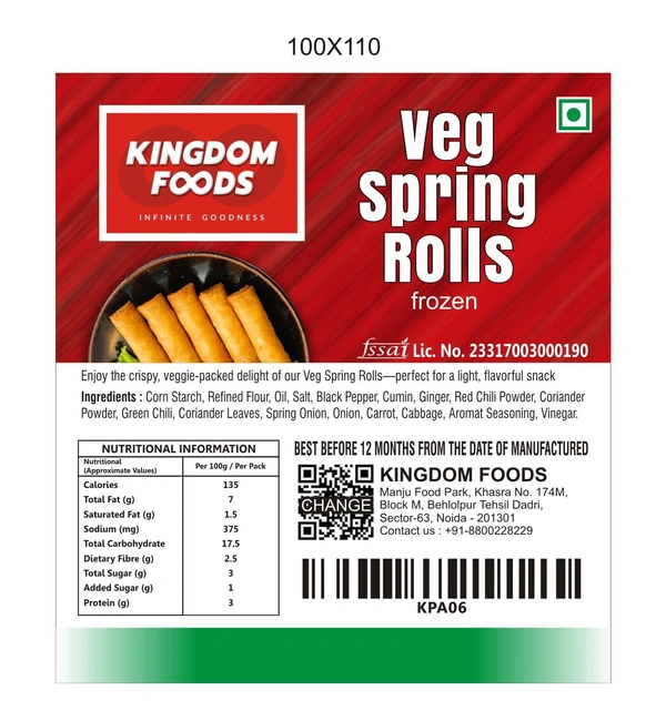 Kingodm Foods Desi Veg Spring Rolls (Frozen) (100 Gm/Pc) – Pack of 10 Pieces, 1 Kg