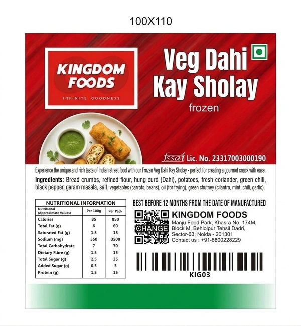 Kingodm Foods Veg Dahi Kay Sholay (Frozen) (100 Gm/Pc) – 1 Kg