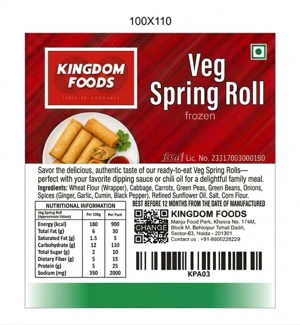 Kingodm Foods Veg Spring Roll (Frozen) (35 Gm/Pc) – Pack of 25 Pieces, 700 Gm