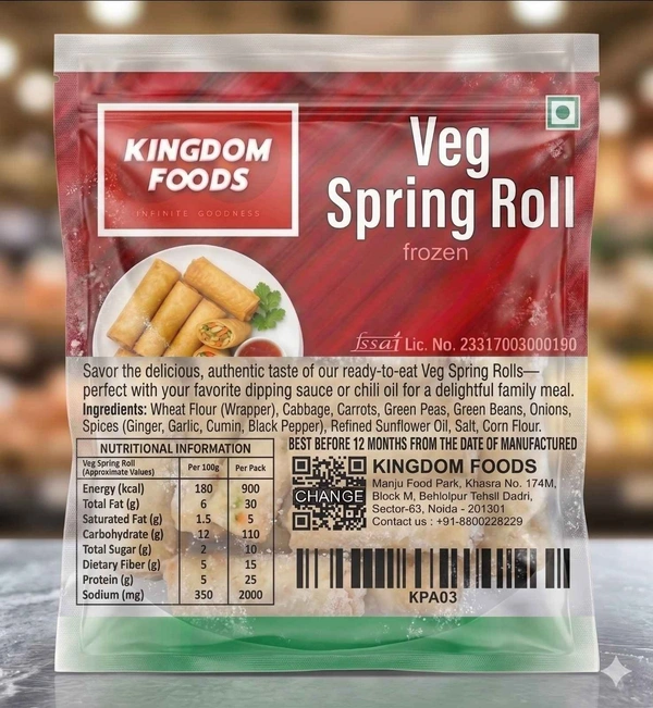 Kingodm Foods Veg Spring Roll (Frozen) (35 Gm/Pc) – Pack of 25 Pieces, 700 Gm