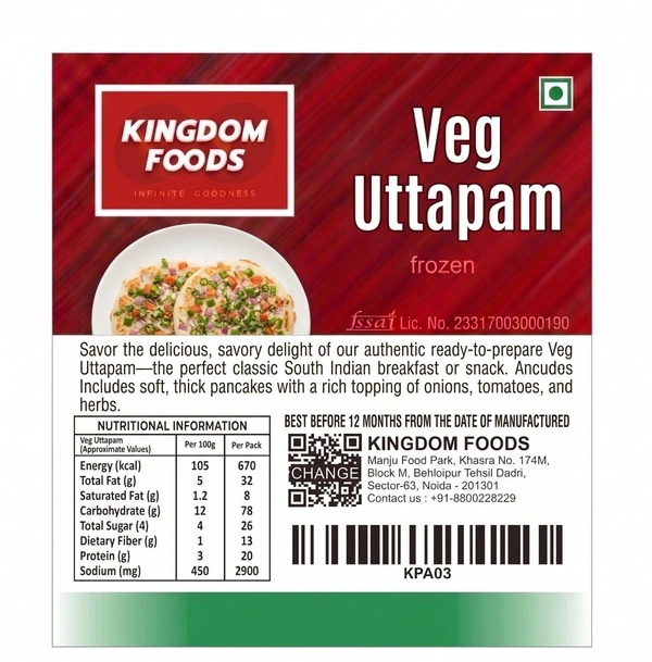 Kingodm Foods Veg Uttapam (Frozen) (50 Gm/Pc) – 20 Pcs