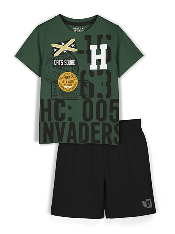 Deepa's Vasthraalayam Boys Dress Combo Set with Tshirts & Shorts - 1-2 Years, Olive
