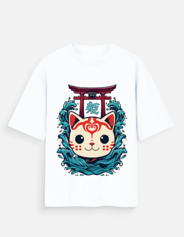 Deepa's Vasthraalayam Manekineko style cat Oversized Tshirt (Premium) - XS, White