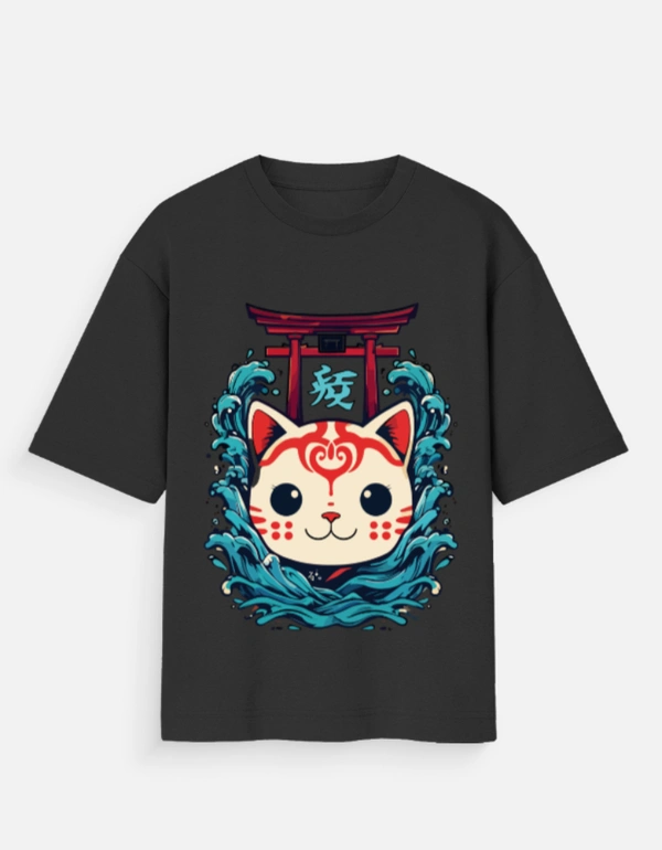 Deepa's Vasthraalayam Manekineko style cat Oversized Tshirt (Premium) - L, Black