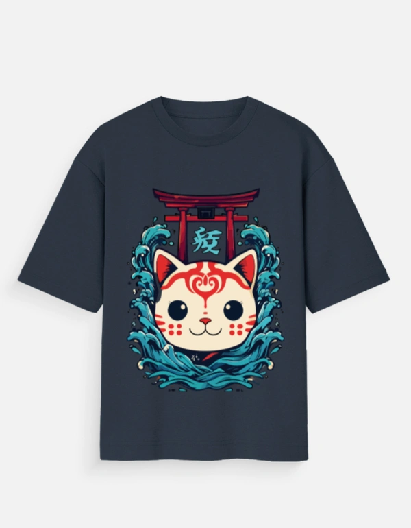 Deepa's Vasthraalayam Manekineko style cat Oversized Tshirt (Premium) - S, Navy Blue