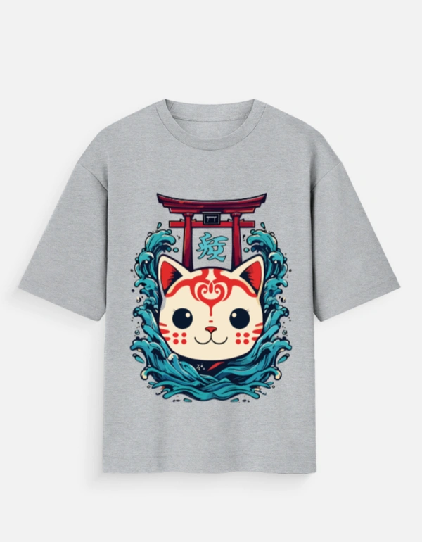 Deepa's Vasthraalayam Manekineko style cat Oversized Tshirt (Premium) - XL, Grey Melange