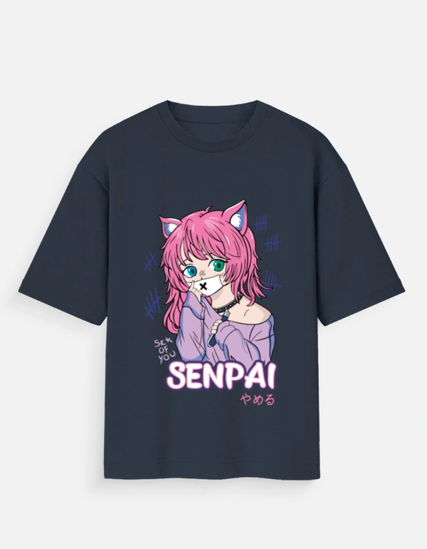 Deepa's Vasthraalayam Senpai Oversized Tshirt (Premium) - S, Navy Blue