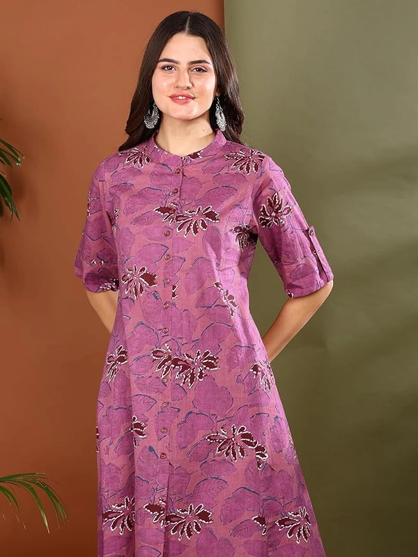 Deepa's Vasthraalayam Women's Cotton Floral Print Knee Length Half Sleeve A-line Kurta With Pant - 4XL, Purple
