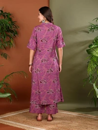 Deepa's Vasthraalayam Women's Cotton Floral Print Knee Length Half Sleeve A-line Kurta With Pant - 4XL, Purple