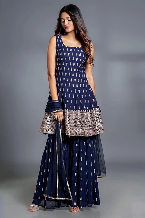 Deepa's Vasthraalayam Women's Embroiderd Wedding Wear Anarkali Kurta Sharara Set - XS, Navy blue