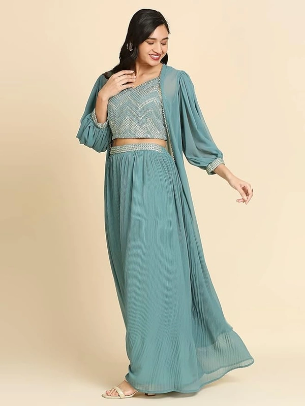 Deepa's Vasthraalayam Women's Georgette Lehenga And Choli With Long Shrug Set Embroidery - 4XL, Turkish Green