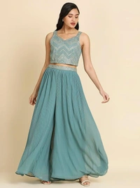 Deepa's Vasthraalayam Women's Georgette Lehenga And Choli With Long Shrug Set Embroidery - 4XL, Turkish Green