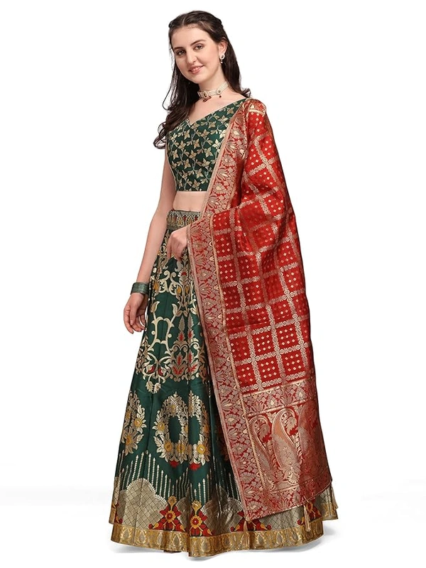 Deepa's Vasthraalayam Women's Jacquard Semi-Stitched Lehenga choli - Semi Stitched, Dark Green